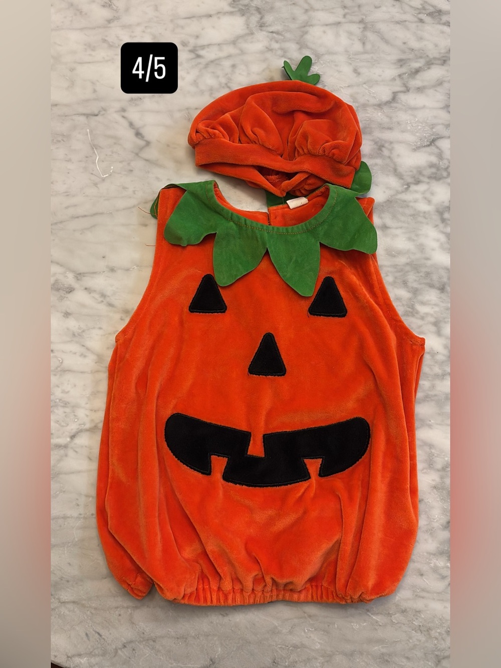 Vintage Orange Pumpkin Costume with Green Leaf Collar and Hat